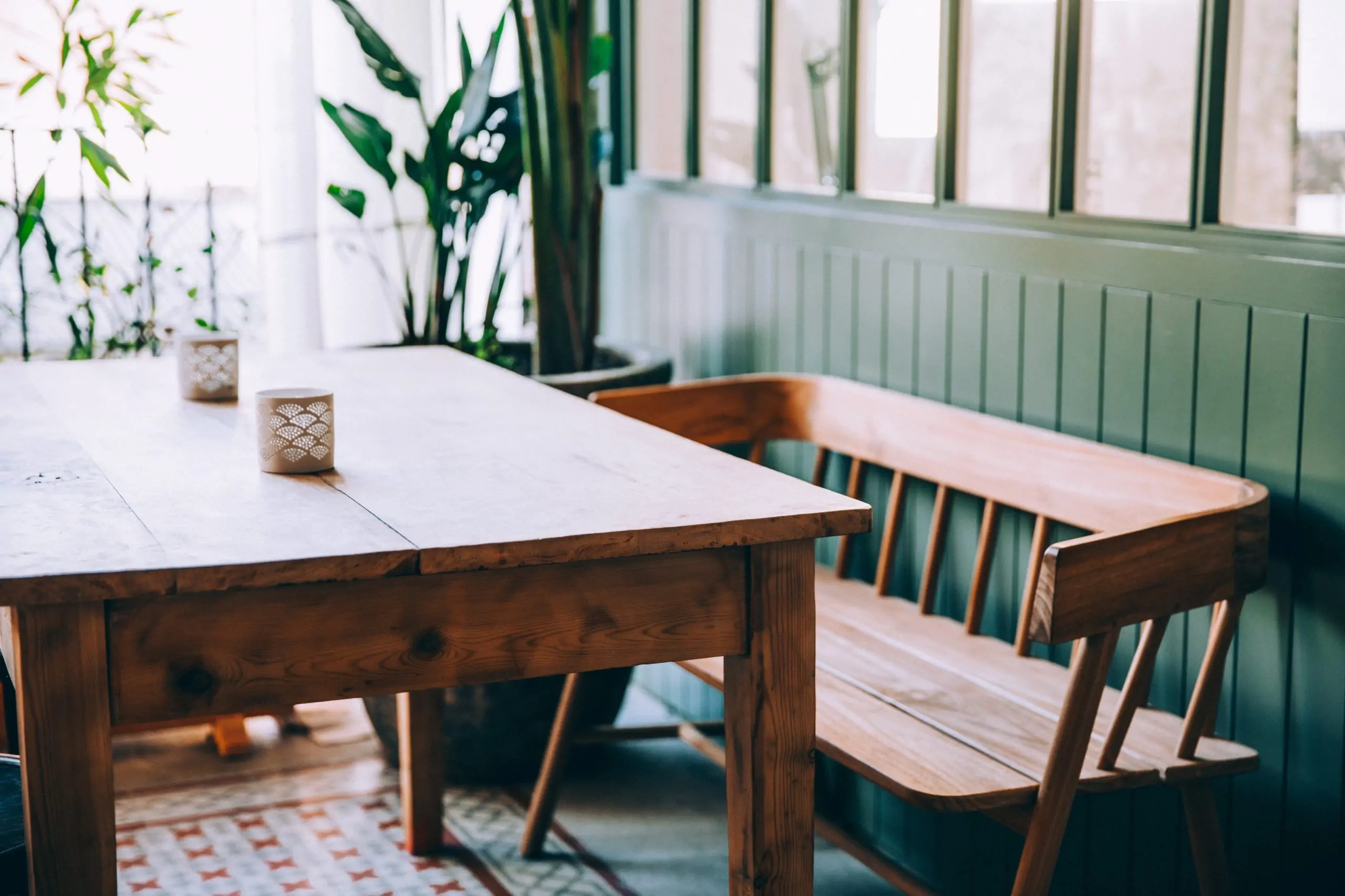 picture of a wooden bench and wooden table