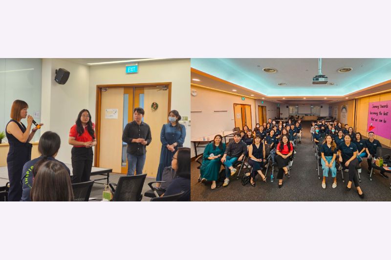 compilation of a group of people speaking and a group of people sitting down posing for a picture